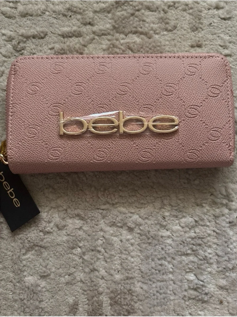 Bebe Pink Logo Zip Wallet with Gold Accent